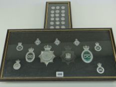 TWO FRAMED DISPLAYS OF POLICE FORCE COLLECTABLES being a small framed collection of twenty-one