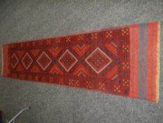 MESHWANI RUNNER in red and blue ground stripe and geometric pattern, 250 x 62cms