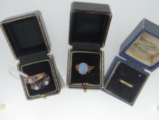 FOUR SUNDRY RINGS including 9ct opal ring, 18ct white gold seed pearl and amethyst ring, yellow gold