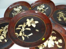 SET OF 6 JAPANESE MEIJI PERIOD IVORY & BONE DECORATED WALL PLAQUES in lacquer and of oval concave