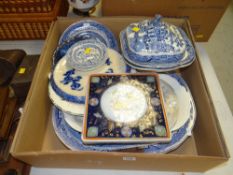 BOX OF 19TH CENTURY POTTERY, mainly blue and white Willow, and including a Romanesque ironstone