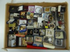 DISPLAY OF MAINLY CASED BROOCHES & OTHER JEWELLERY including yellow metal items, silver items,
