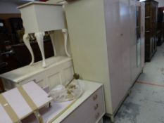 PAINTED G-PLAN BEDROOM SUITE comprising triple wardrobe, double wardrobe, pair of chests /