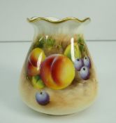 ROYAL WORCESTER PORCELAIN FRUIT DECORATED VASE of open sack form with moulded, gilded and crimped