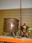 PARCEL OF COPPER-WARE including good log bin, samovar, together with a brass miniature model of