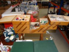 VINTAGE CONCERTINA SEWING BOX AND CONTENTS, and a vintage mirror