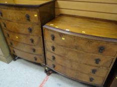 PAIR OF VINTAGE REPRODUCTION BOW FRONT MATCHING CHESTS the taller with five graduated long