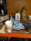 PARCEL OF MIXED CHINA including continental porcelain tea-caddy, Wedgwood Jasperware ETC