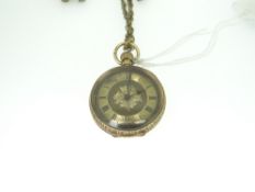 BRIGHT-CUT 15CT YELLOW GOLD FOB WATCH with gilt metal dial bearing Roman numerals, key-less wind