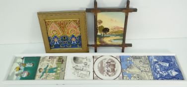 PANEL OF SIX 19TH CENTURY EARTHENWARE FIREPLACE TILES including a T & R Boote limited stipple