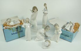 SEVEN BOXED LLADRO PORCELAIN FIGURES in early blue and white boxes with straw packaging, various