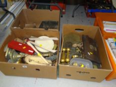 THREE BOXES OF METALWARE including fireside items, brass weights, horse shoe ETC