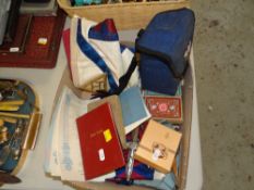TRAY OF MASONIC ITEMS, playing cards ETC
