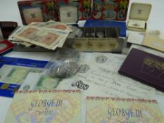 QUANTITY OF COINS & BANK NOTES (GB) together with three novelty tins ETC
