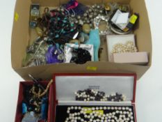 SHALLOW BOX OF COSTUME JEWELLERY including beads, necklaces, pearls ETC