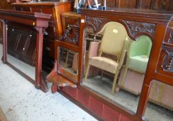 VINTAGE MAHOGANY OVERMANTEL MIRROR with a shelf and tile base together with mahogany mirror frame