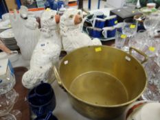 VICTORIAN STAFFORDSHIRE MANTEL DOGS together with a brass preserving pan