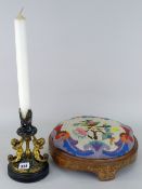 19TH CENTURY GILT METAL AND CLOISONNE CANDLESTICK HOLDER of Neo-classical form of two mermaid type