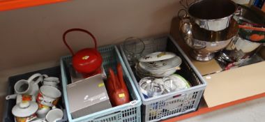 FOUR BOXES OF VARIOUS KITCHEN CHINA & METAL COOKWARE ETC