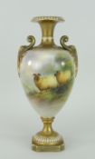 ROYAL WORCESTER PORCELAIN VASE of trumpet form on a shaped square base and with twin handles,