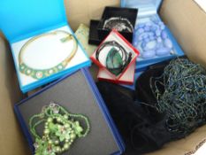 MIXED COSTUME JEWELLERY mainly in small cardboard boxes, some items marked 'silver', also pouches of