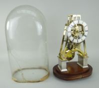 BRASS SKELETON CLOCK with Roman numeral chapter ring, pendulum, inlaid plinth (glass dome broken)