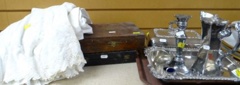 TRAY OF EPNS including entree dish, lidded jug together with boxed flatware and linen