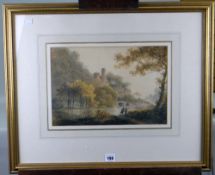 WILLIAM PAYNE (1760-1830) watercolour - two figures on a river bank with ruins beyond, unsigned,