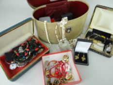 LARGE QUANTITY OF MIXED COSTUME JEWELLERY contained within a vintage jewellery case and a black