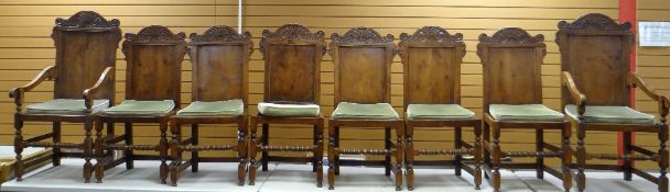 SET OF EIGHT (6+2) CONTINENTAL HIGH-BACK DINING CHAIRS in carved yew with loose cushions