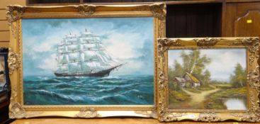TWO MODERN FRAMED FURNISHING OIL PAINTINGS in gilt frames, of a sailing ship and a country scene