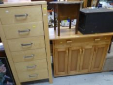 MODERN LIGHTWOOD KITCHEN STORAGE UNIT ON CASTORS together with a narrow tall six-drawer lightwood