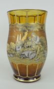 BOHEMIAN AMBER GLASS VASE decorated / designed by Joseph Marian Pohl and signed Freudcova, 24cms