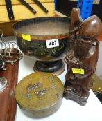 SMALL PARCEL OF ORIENTAL ITEMS including a carved figure of an Oriental priest, two metal