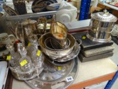 VARIOUS EPNS including an Elkington part-teaset on twin-handled tray, condiment set and boxed