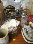 TWO TRAYS OF MIXED ITEMS including wooden carvings, papier mache dressing table set, cranberry glass