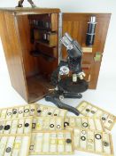 W WATSON & SONS LIMITED HIGH POWER BINOCULAR MICROSCOPE & SET OF SLIDES, the black microscope number