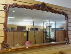 LARGE CARVED BEVELLED GLASS OVERMANTEL MIRROR