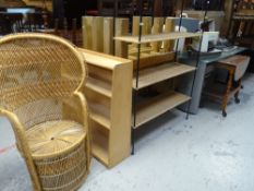 VARIOUS FURNITURE to include a modern glass topped console table, wicker shelving unit, oak trolley,