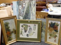 VARIOUS PICTURES including Charles Frederick Tunnicliffe print study of a woodpecker, linocut by