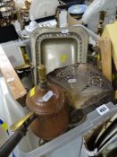 TWO CRATES OF MIXED METALWARE including brass candlesticks, EPNS boxed cutlery ETC