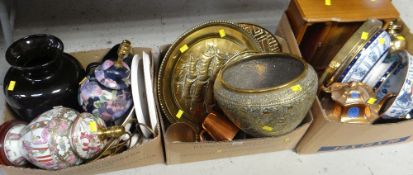 THREE BOXES OF VARIOUS MIXED CHINA & METALWARE including Royal Worcester cake plates, copper