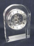 MODERN BOXED DARTINGTON CRYSTAL GLASS ENCASED MANTEL CLOCK with skeleton movement and silver chapter