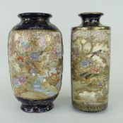 TWO SIMILAR SATSUMA POTTERY VASES, one of cylindrical form with bottle neck decorated with