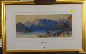 M PASLEY watercolour - mountainous landscape with lake and figures, entitled 'North Wales' to mount,