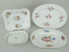FOUR ITEMS OF 19TH CENTURY PORCELAIN including two small floral painted platters, floral painted