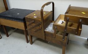 GOOD VINTAGE OAK CONCERTINA SEWING BOX with carry handle and contents together with another sewing