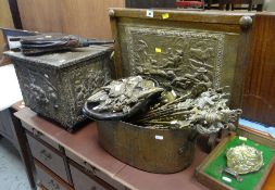 PARCEL OF MAINLY BRASS ITEMS including fire screen, log box, toasting forks ETC