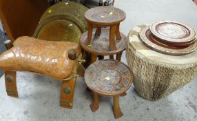 BRASS TOP DECORATED BENARES TABLE together with another similar brass top African bead decorated