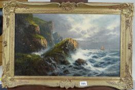 FRANK HIDER (1861-1933) oil on canvas - dramatic coastal scene with crashing waves against rocks